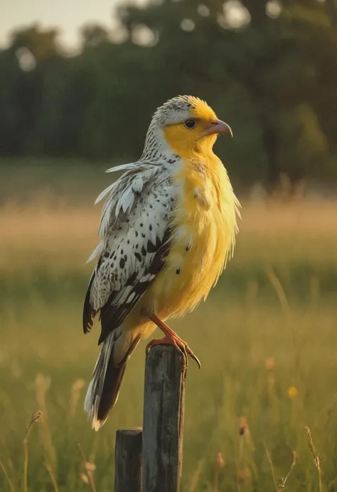 (medium full shot) of (magnificent bird) with golden yellow speckled feathers, colorful crest, perched gracefully,  set in  a tr...