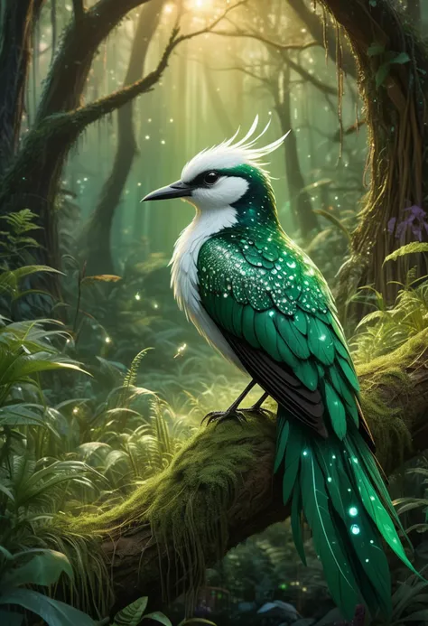 (medium full shot) of (elegant bird) with emerald green, speckled feathers, white-tipped wings, a woven grass band, set in  a my...