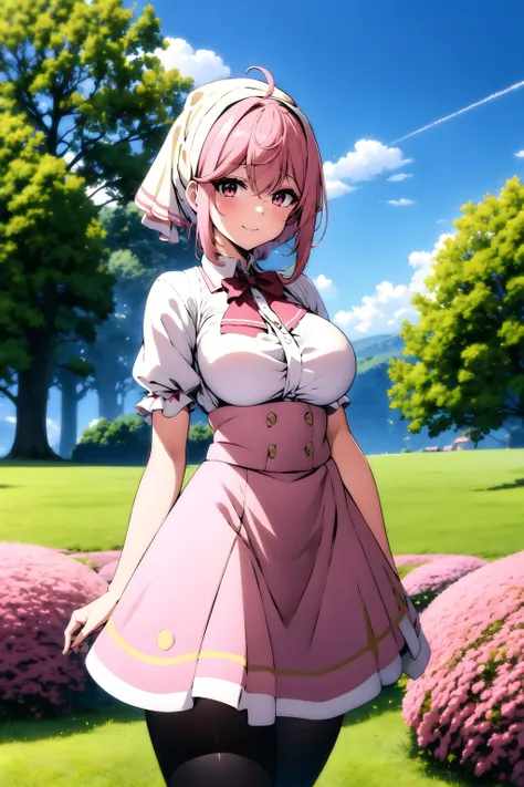 aruraru <lora:aruraru2:0.9>, medium breasts, pink hair, ahoge, (head scarf:1.2), white shirt, (red bow), cream skirt, strap skirt, kneehigh skirt, beautiful face, pink eyes, smile, (black pantyhose), outdoors, tree, field, (complex background, many element...