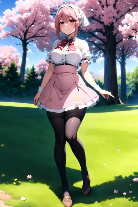 aruraru <lora:aruraru2:0.8>, medium breasts, pink hair, ahoge, (head scarf:1.2), white shirt, (red bow), cream skirt, strap skirt, kneehigh skirt, beautiful face, pink eyes, smile, (black pantyhose), outdoors, tree, field, (complex background, many element...