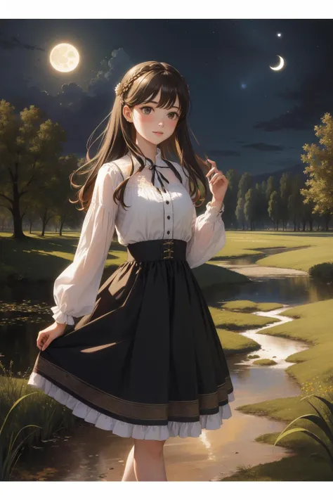 a girl in a dress standing in a field with a moon in the background