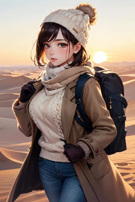 a woman in a hat and coat standing in the desert