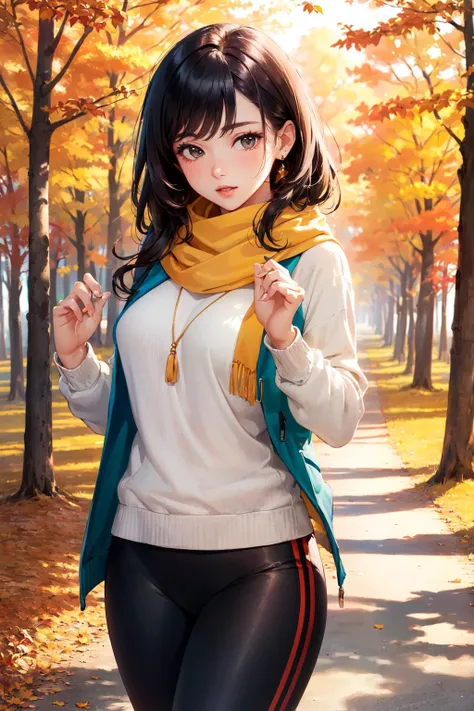 a woman in a scarf and jacket walking down a path