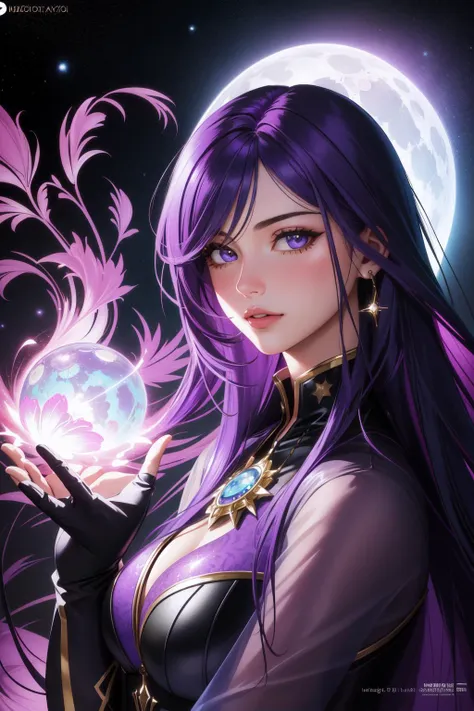 a woman with purple hair holding a crystal ball in her hand