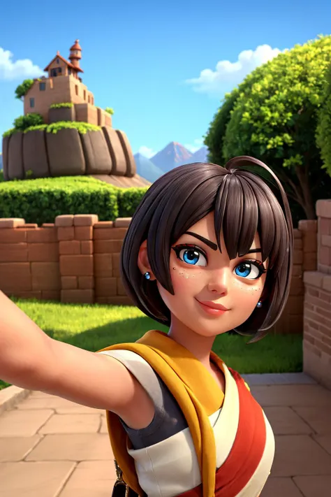 masterpiece best quality, selfie, half shot, happy, marathi girl, spiked hair short hair, cinematic, 9:16, building, mountain, surrealism