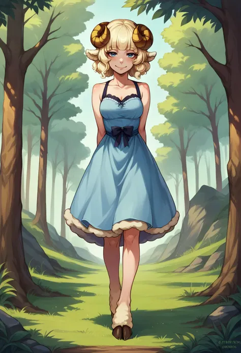 a cartoon girl in a blue dress walking through a forest