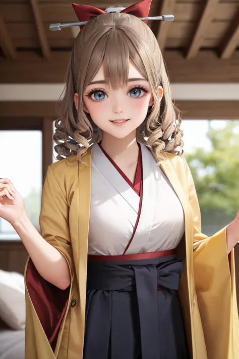 (masterpiece, best quality:1.2), <lyco:kancolle_hatakaze-10:1.0>, cowboy shot, solo, 1girl, hatakaze, smile, looking at viewer, hair between eyes, ponytail, hair ribbon, japanese clothes, white kimono, haori, black hakama, hakama skirt