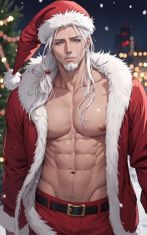 CONCEPT_CHR_SantaClause_ownwaifu,
1boy, blue eyes, white hair, long hair, very long hair, beard, facial hair, mature male, mustache, old man, santa hat, bare pectorals, large pectorals, muscular male,  abs, nipples, manly,  bara, 
fur trim, fur-trimmed jac...