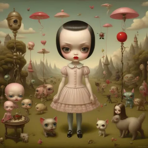 a photo of <lora:Mark Ryden Style:1>Mark Ryden Style - mark ryden high resolution, a surreal scene, distorted and disturbing