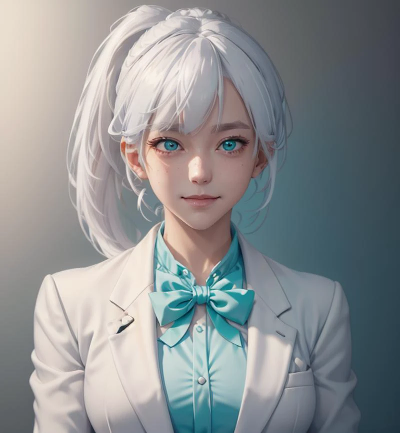 anime girl with white hair and blue eyes wearing a white suit