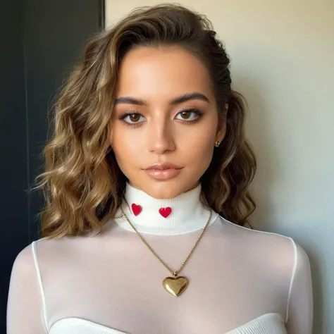 Looking straight at the camera, Film grain, skin texture, Instagram closeup selfie of a woman with beautiful wavy hair wearing a heart necklace,glossy lips,f/1.8,   wearing a tutleneck shirt, <lora:ismerced_xl_4_standard_merger_29prev_20_37_04_03_03:1>