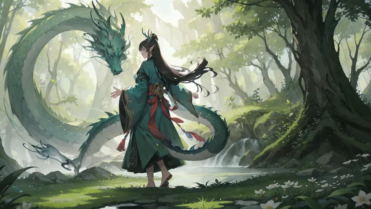 masterpiece,top quality,best quality,rich details,solo,(eastern dragon:1.5),dragon horn,nature,forest,tree,long hair,flower,outdoors,1boy,solo,scenery,standing,male focus,grass,very long hair,from behind,sunlight,day,wide shot,facing away,rock,ponytail,lon...