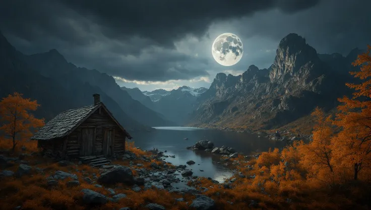 photo raw,(autumn, mountains and a storm lake with a moon in the sky, old wooden slab home, 4k highly detailed digital art, 4 k ...