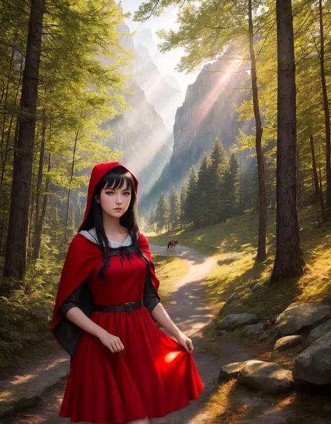 (one Girl,Red dress,Black Hair,Blue eyes,Thin,Long legs,Little Red Riding Hood),( and one Gray Wolf man:1.2),Complex background,Forest,Mountains,Beautiful face,Natural light,Sun rays,High resolution 8 k,