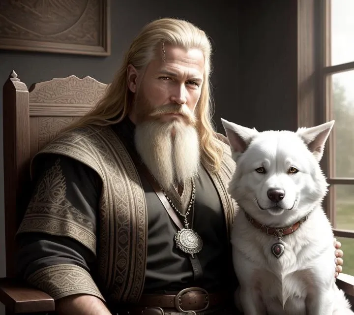 a painting of a man sitting in a chair next to a dog, epic viking king, official artwork hdr, red blood, intricate wlop, eeire, old gigachad with grey beard, a sexy blonde warrior, howard brodie, tarot card the fool, nationalist, imaginfx, old scroll, hous...