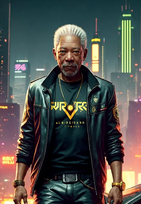 a painting of a (morgan freeman), background, style of cyberpunk 2077, band of gold round his breasts