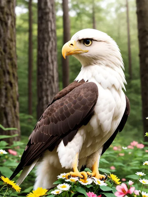 epic realistic photography, a drawing of a cute (little baby:1.2) (Eagle) surrounded by beautiful flowers and trees in a forest clearing