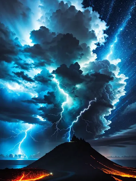 dramatic sky, blue lightning style: masterpiece, best quality, 8k, sharp focus, realistic, ((detailed)), ((dynamic pose)), ((goo...