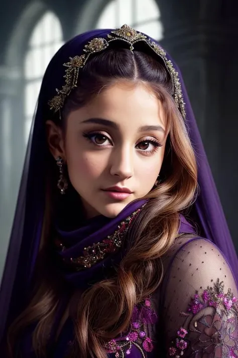 resolution,Intricate portrait of a beautiful Ariana Grande,triadic colors,8k,illuminated by warm litted candles,with a backdrop of eerie dungeion . stunning interpretive visual,maximalist scarf and veil. f1.0lens,tilt-shift,shalllow DOF. dramatic lighting....