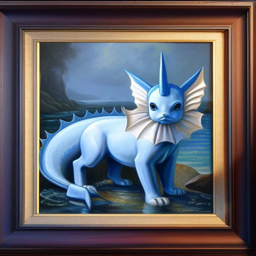 painting of a blue dragon with a white collar and wings