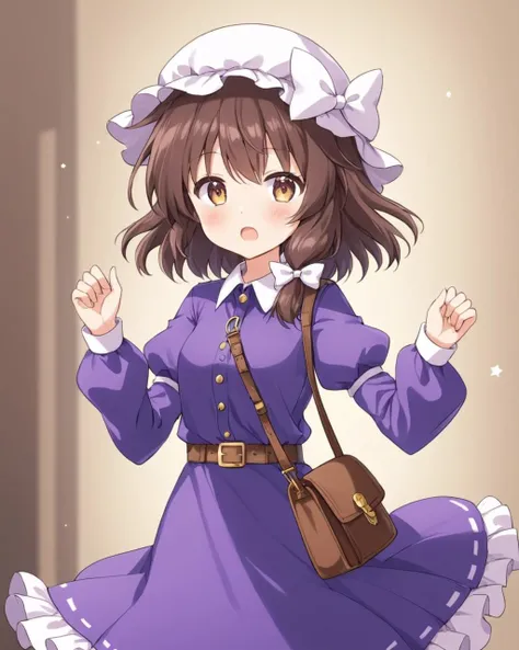 usami renko,1girl, solo, purple_dress, mob_cap, open_mouth, long_sleeves, belt, blush, brown_bag, white_headwear, buttons, red_ribbon, looking_at_viewer, white_bow, blurry_background, hair_bow, shoulder_bag, puffy_sleeves, :d, collared_dress, frilled_dress...