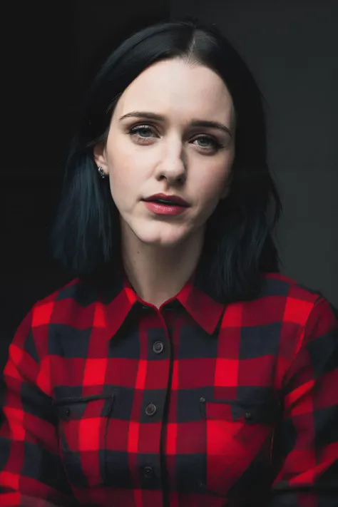 a photo of rachelBrosnahan1 wearing checkered red and black shirt and blue jeans staring at the viewer, (checkered red and black shirt), (blue jeans),Highly Detailed,(close portrait:1.3),(Feminine:1.4),(beautiful:1.4),(attractive:1.3),calendar pose,perfect...