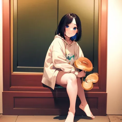 1girl, sitting, holding mushroom, <lora:ganoderma_6:1>, masterpiece, best quality,