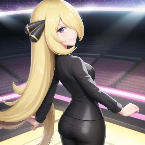 <lora:character_pokemon_cynthia_v2:0.5> (stadium), night, 1girl, character_pokemon_cynthia, solo, standing, from behind, from above, from side, hair over one eye, looking at viewer, looking back, smile, closed mouth, v-neck, long sleeves, pants, hair ornam...