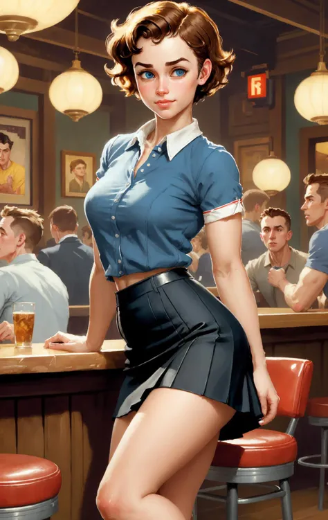 a woman in a short skirt and shirt standing in front of a bar