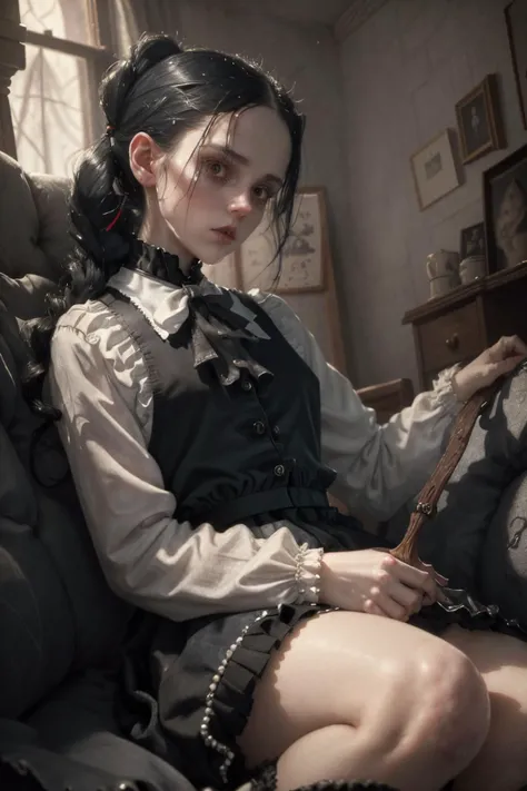 a close up of a woman sitting on a couch holding a wand