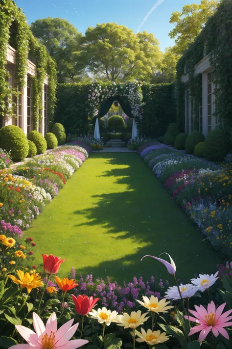 a painting of a garden with flowers and a gazebo