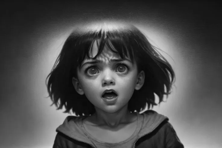 a black and white photo of a girl with a surprised look