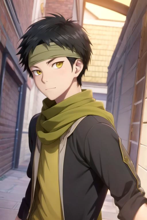 masterpiece, best quality, , 1boy, solo, male focus, looking at viewer, , depth of field, anime coloring, realistic, <lora:obi_akagami_no_shirayuki-hime:0.66>, obi_akagami_no_shirayuki-hime, black hair, yellow eyes, headband, comic book character costume, ...