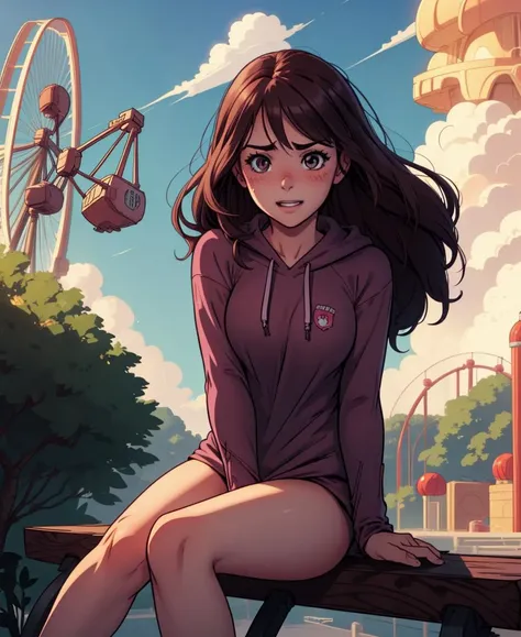 (^^^:1.2), graphic novel style, flat colors, dark hair, sitting, straight hair, park bench, legs apart, complex lighting,  (ferris wheel:1.2), cute,  (amusement park:1.2), clouds , shirt tug,  hoodie, no panties, upper body <lora:shirt_tug:1>