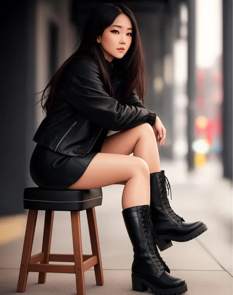 a close up of a woman sitting on a stool wearing boots