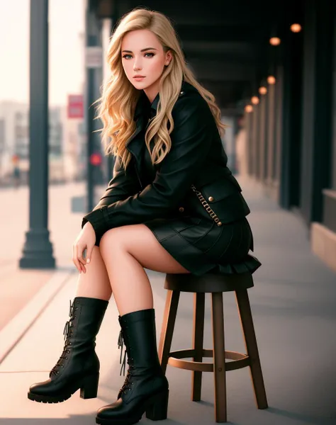 a woman sitting on a stool in a black dress and boots