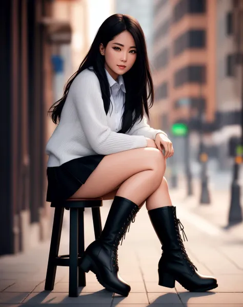 a woman sitting on a stool in a city street