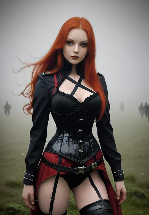 gothic, ginger, A young female gothic soldier, on a World War I battlefield, staring at the observer, ready to come out of the trench and launch an attack, battlefield in background, lot of soldiers, gothic girls army, medals and decorations, mist and fog,...