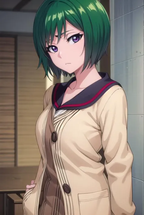 nozomikujo, <lyco:nozomikujo-lyco-nochekaiser:1>,
nozomi, short hair, green hair, (purple eyes:1.1),
BREAK nozomidefault, thighhighs, school uniform, black thighhighs, sailor collar, zettai ryouiki, cardigan,
BREAK looking at viewer, full body,
BREAK indoo...