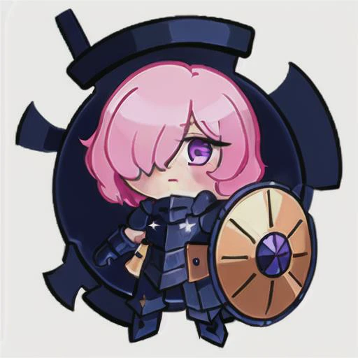 <lora:cookieRunCharacter_cookierunV10:0.6>, best quality, illustration,  white background, simple background, cookierun, solo, chibi, <lora:mash_kyrielight:0.7>, mash kyrielight, pink hair, purple eyes,  hair over one eye, shield