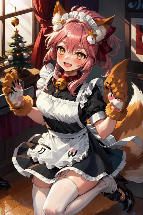 masterpiece,best quality,1girl,tamamocat,paw_gloves,paw_shoes,fox_tail,animal_feet,maid apron,maid headdress,cat hair ornament,white thighhighs,open mouth,blush,laughing,indoors,<lora:TamamoCatFateV1:1>,