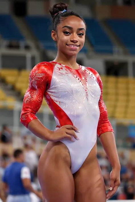 photo realistic, full color, (OverallDetail:1.1),  (clear eyes:1,1), (closed mouth, archaic smile):1.1,  <lora:gymnast_outfit:0.8>, wearing gymnast_outfit, inside_stadium