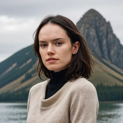 portrait of daisy ridley,in the center,(symmetrical:1.5),50mm focal lenght,<lora:locon_daisy_v1_from_v1_64_32:1>, mouth closed,realistic proportion,clavicles,(straight hair:1.3),wavy hair,closeup,bokeh,saturation:0.5,dramatic light,DSLR,skinny muscular,(bl...