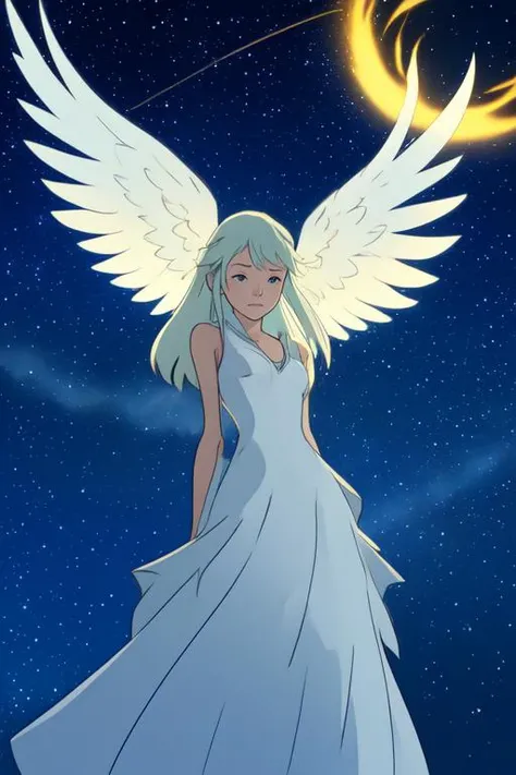 (anime coloring, anime screencap, ghibli, mappa, anime style), 1girl, hatsune miku, white gown, angel, angel wings, golden halo, dark background, upper body, (closed mouth:1.2), looking at viewer, arms behind back, blue theme, stars, starry night,
 <lora:C...