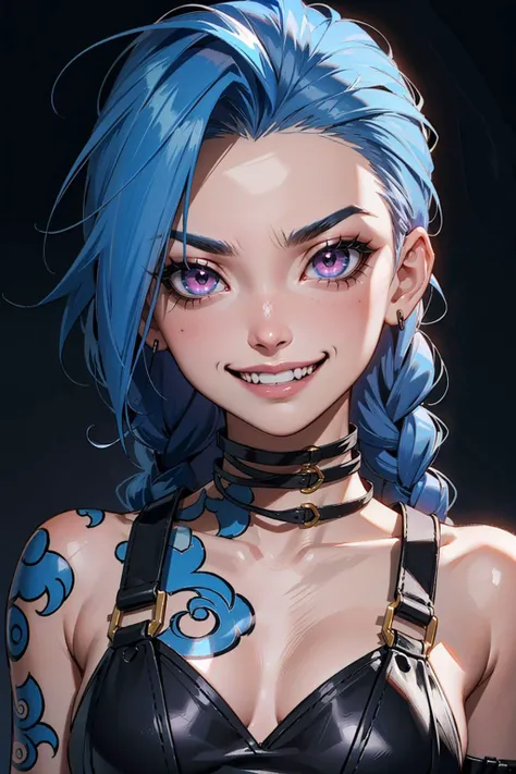 1girl, (jinxlol:1.3), blue hair, pink eyes, braids, tattoo, nervous, scared, (evil grin:1.3), (crazy eyes:1.5), dark background, Masterpiece, best quality, detailed background, intricate details, detailed, <lora:detail_slider_v4:1.25> <lora:jinxLeagueOfLeg...