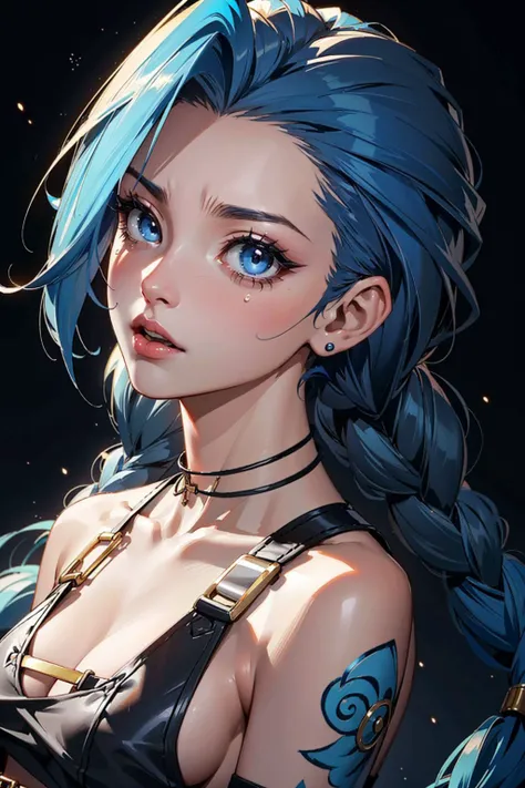 1girl, (jinxlol:1.3), blue hair, blue eyes, braids, tattoo, nervous, scared, tears, dark background, Masterpiece, best quality, detailed background, intricate details, detailed, <lora:detail_slider_v4:1.25> <lora:jinxLeagueOfLegends_v10:0.7>