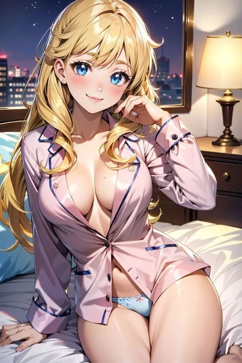 1girl, (EPsmSailorVenus, long blonde hair, blue eyes), messy hair, (blush:1.2), pajamas, pink pajama shirt, open shirt, panties, cute pose, bedroom, sitting, on bed, (night:1.1), smile, leaning back, cleavage, Masterpiece, best quality, detailed background...