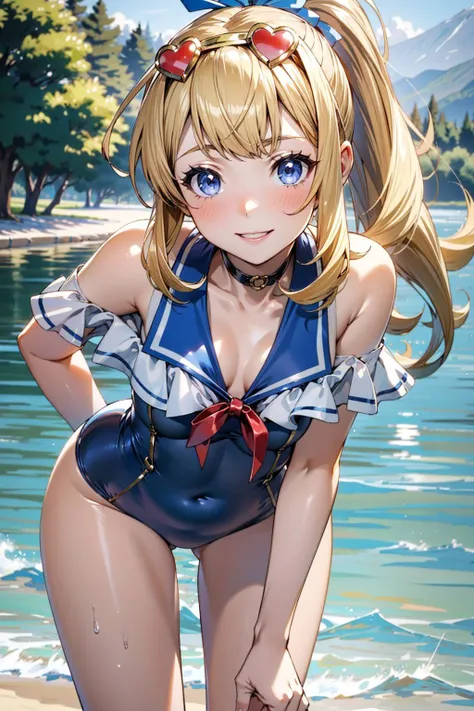 1girl, (Cagliostro:1.2), long hair, blonde, (CagliostroSwimsuit:1.2), ponytail, hair flower, sailor collar, one-piece swimsuit, heart-shaped eyewear, eyewear on head, (small breasts:1.3), cute smile, blush, cheerful expression, sparkle, bent over, outdoors...