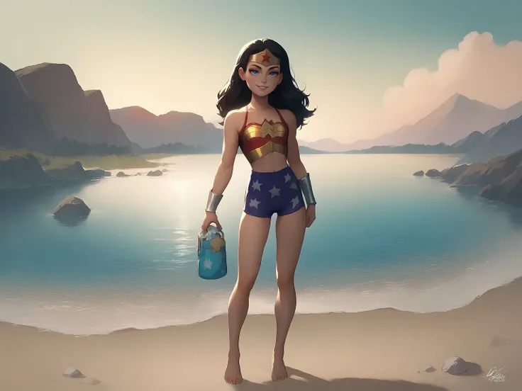 a woman in a bikini and cape standing on a beach