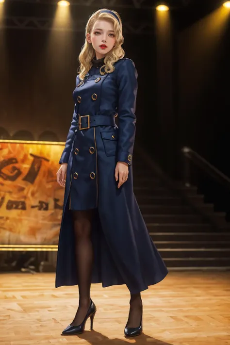 a woman in a blue coat and black shoes standing on a stage